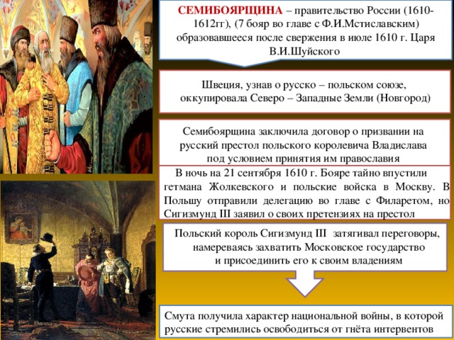 СЕМИБОЯРЩИНА – правительство России (1610-1612гг), (7 бояр во главе с Ф.И.Мстиславским) образовавшееся после свержения в июле 1610 г. Царя В.И.Шуйского Швеция, узнав о русско – польском союзе, оккупировала Северо – Западные Земли (Новгород) Семибоярщина заключила договор о призвании на русский престол польского королевича Владислава под условием принятия им православия  В ночь на 21 сентября 1610 г. Бояре тайно впустили гетмана Жолкевского и польские войска в Москву. В Польшу отправили делегацию во главе с Филаретом, но Сигизмунд III заявил о своих претензиях на престол Польский король Сигизмунд III затягивал переговоры, намереваясь захватить Московское государство и присоединить его к своим владениям Смута получила характер национальной войны, в которой русские стремились освободиться от гнёта интервентов 