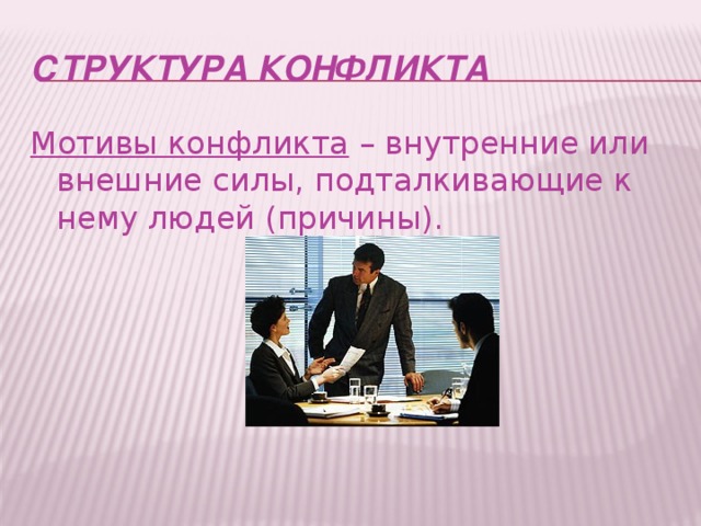 СТРУКТУРА КОНФЛИКТА Мотивы конфликта  – внутренние или внешние силы, подталкивающие к нему людей (причины).