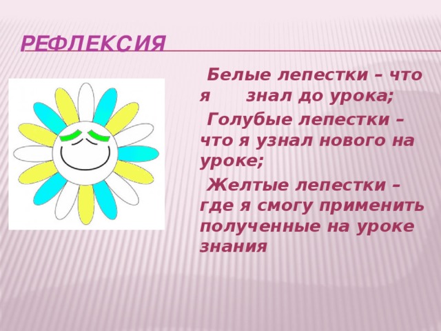 рефлексия  Белые лепестки – что я знал до урока;  Голубые лепестки – что я узнал нового на уроке;  Желтые лепестки – где я смогу применить полученные на уроке знания