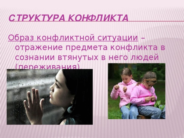 СТРУКТУРА КОНФЛИКТА Образ конфликтной ситуации  – отражение предмета конфликта в сознании втянутых в него людей (переживания).