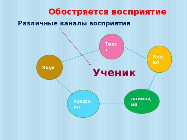Обостряется восприятие Различные каналы восприятия  Текст Видео Звук Ученик  анимация графика 