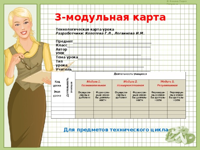 3-модульная карта Технологическая карта урока  Разработчики: Копотева Г.Л., Логвинова И.М.  Предмет_______________________________________________  Класс__________________________________________________  Автор УМК______________________________________________  Тема урока____________________________________________  Тип урока______________________________________________  Учитель_______________________________________________ Для предметов технического цикла 