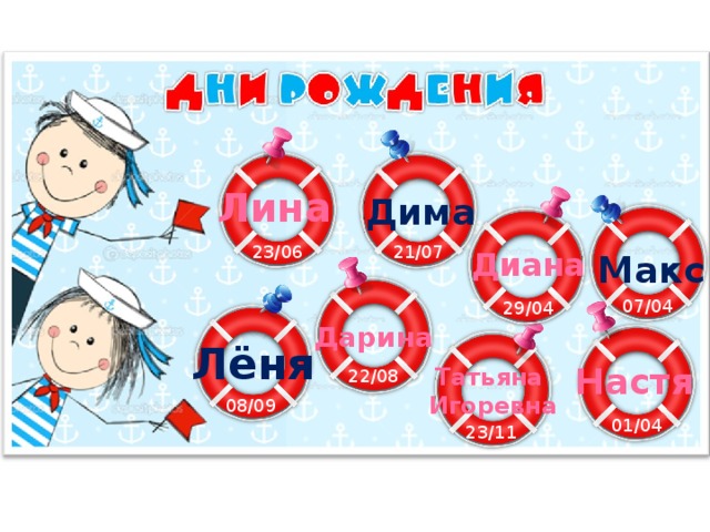 Лина Дима 21/07 23/06 Диана Макс 07/04 29/04 Дарина Лёня Настя Татьяна Игоревна 22/08 08/09 01/04 23/11