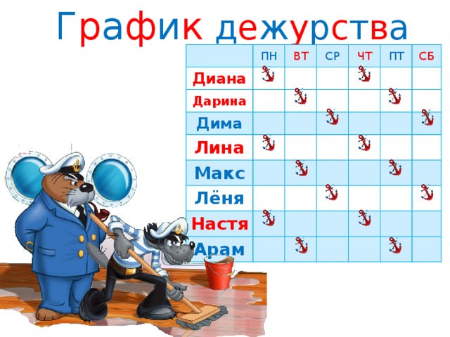 Г р а ф и к д е ж у р с т в а ПН Диана Дарина ВТ СР Дима ЧТ Лина ПТ Макс СБ Лёня Настя Арам