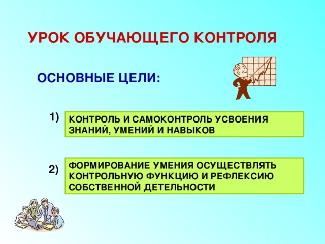 УРОК ОБУЧАЮЩЕГО КОНТРОЛЯ ОСНОВНЫЕ ЦЕЛИ: 1) КОНТРОЛЬ И САМОКОНТРОЛЬ УСВОЕНИЯ ЗНАНИЙ, УМЕНИЙ И НАВЫКОВ ФОРМИРОВАНИЕ УМЕНИЯ ОСУЩЕСТВЛЯТЬ КОНТРОЛЬНУЮ ФУНКЦИЮ И РЕФЛЕКСИЮ СОБСТВЕННОЙ ДЕТЕЛЬНОСТИ 2) 