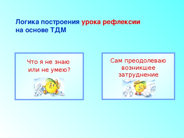 Логика построения урока рефлексии   на основе ТДМ Что я не знаю Сам преодолеваю возникшее затруднение или не умею? 