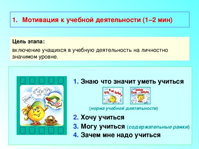  Мотивация к учебной деятельности (1–2 мин)  Цель этапа: включение учащихся в учебную деятельность на личностно значимом уровне. 1. Знаю что значит уметь учиться     ( норма учебной деятельности ) 2. Хочу учиться 3. Могу учиться ( содержательные рамки ) 4. Зачем мне надо учиться 