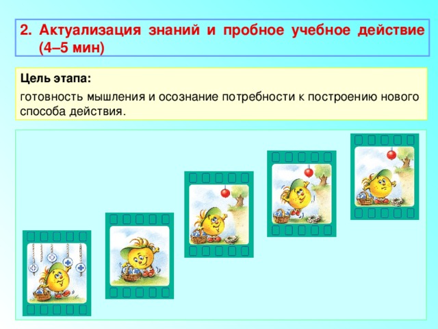 2. Актуализация знаний и пробное учебное действие (4–5 мин)  Цель этапа: готовность мышления и осознание потребности к построению нового способа действия. 