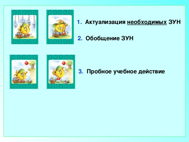 1. Актуализация необходимых ЗУН 2. Обобщение ЗУН 3. Пробное учебное действие 
