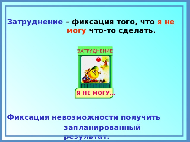 Затруднение  – фиксация того, что я не могу что-то сделать.  ЗАТРУДНЕНИЕ Я НЕ МОГУ… Фиксация невозможности получить  запланированный результат. 