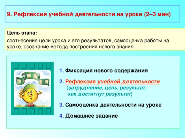 9. Рефлексия учебной деятельности на уроке (2–3 мин) Цель этапа: соотнесение цели урока и его результатов, самооценка работы на уроке, осознание метода построения нового знания. 1. Фиксация нового содержания 2.  Рефлексия учебной деятельности  ( затруднение, цель, результат,  как достигнут результат ) 3. Самооценка деятельности на уроке 4. Домашнее задание 