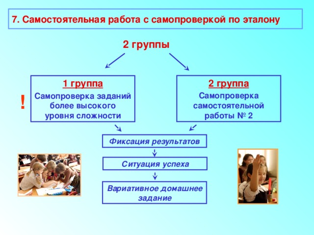 7. Самостоятельная работа с самопроверкой по эталону 2 группы 2 группа Самопроверка самостоятельной работы № 2 1 группа Самопроверка заданий более высокого уровня сложности ! Фиксация результатов Ситуация успеха Вариативное домашнее задание 
