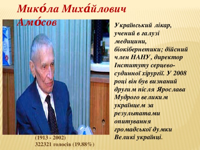 Мико́ла Миха́йлович Амо́сов Український лікар, учений в галузі медицини, біокібернетики; дійсний член НАНУ, директор Інституту серцево-судинної хірургії. У 2008 році він був визнаний другим після Ярослава Мудрого великим українцем за результатами опитування громадської думки Великі українці . (1913 - 2002) 322321 голосів (19.88%) 