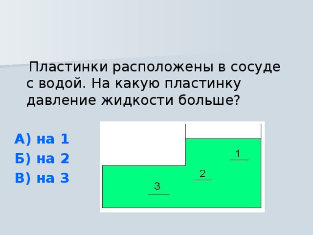  Пластинки расположены в сосуде с водой.  На какую пластинку давление жидкости больше? А) на 1 Б) на 2 В) на 3 