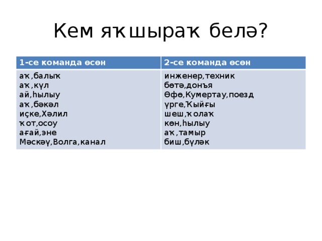 Кем яҡшыраҡ белә? 1-се команда өсөн 2-се команда өсөн аҡ,балыҡ аҡ,күл инженер,техник бөтә,донъя ай,һылыу аҡ,бәкәл Өфө,Кумертау,поезд үрге,Ҡыйғы иҫке,Хәлил шеш,ҡолаҡ ҡот,осоу көн,һылыу ағай,эне Мәскәү,Волга,канал аҡ,тамыр биш,бүләк 