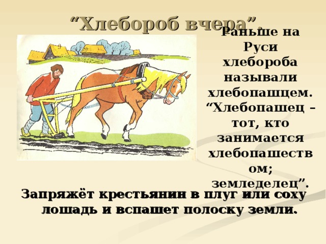 “ Хлебороб вчера”. Раньше на Руси хлебороба называли хлебопашцем. “ Хлебопашец – тот, кто занимается хлебопашеством; земледелец”. Запряжёт крестьянин в плуг или соху лошадь и вспашет полоску земли. 