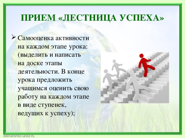 ПРИЕМ «ЛЕСТНИЦА УСПЕХА» Самооценка активности на каждом этапе урока: (выделить и написать на доске этапы деятельности. В конце урока предложить учащимся оценить свою работу на каждом этапе в виде ступенек, ведущих к успеху); 
