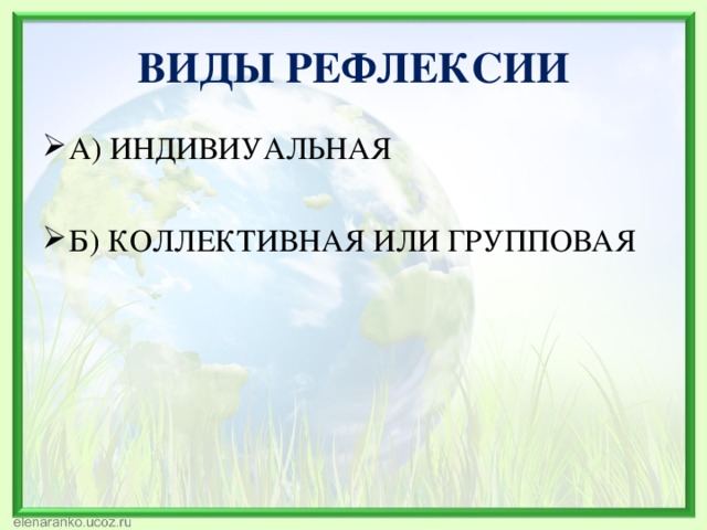 ВИДЫ РЕФЛЕКСИИ А) ИНДИВИУАЛЬНАЯ  Б) КОЛЛЕКТИВНАЯ ИЛИ ГРУППОВАЯ 