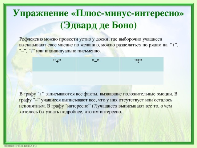 Упражнение «Плюс-минус-интересно» (Эдвард де Боно)  Рефлексию можно провести устно у доски, где выборочно учащиеся высказывают свое мнение по желанию, можно разделиться по рядам на  