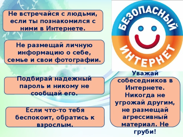 Не встречайся с людьми, если ты познакомился с ними в Интернете. Не размещай личную информацию о себе, семье и свои фотографии. Подбирай надежный пароль и никому не сообщай его. Уважай собеседников в Интернете. Никогда не угрожай другим, не размещай агрессивный материал. Не груби! Если что-то тебя беспокоит, обратись к взрослым.