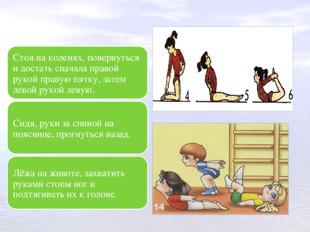 Стоя на коленях, повернуться и достать сначала правой рукой правую пятку, затем левой рукой левую. Сидя, руки за спиной на пояснице, прогнуться назад. Лёжа на животе, захватить руками стопы ног и подтягивать их к голове. 