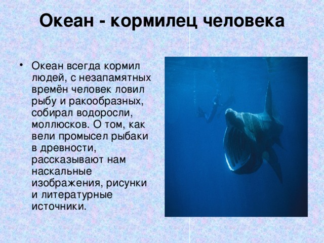Океан - кормилец человека   Океан всегда кормил людей, с незапамятных времён человек ловил рыбу и ракообразных, собирал водоросли, моллюсков. О том, как вели промысел рыбаки в древности, рассказывают нам наскальные изображения, рисунки и литературные источники. 
