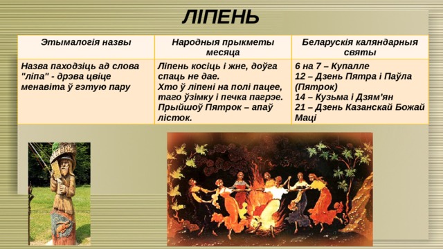 ЛІПЕНЬ Этымалогія назвы Народныя прыкметы месяца Назва паходзіць ад слова 