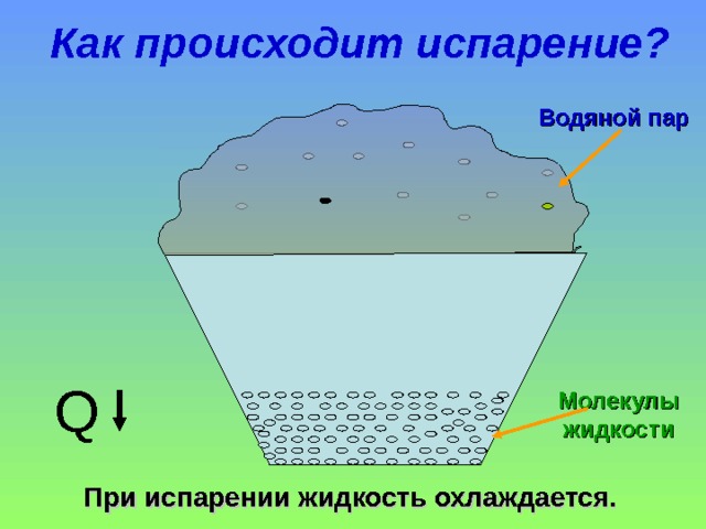 Как происходит испарение? Водяной пар Q Молекулы жидкости При испарении жидкость охлаждается. 
