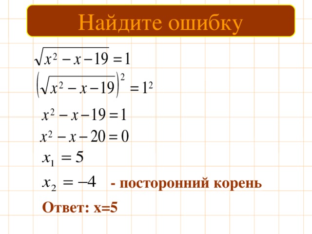 Найдите ошибку - посторонний корень Ответ: х=5 