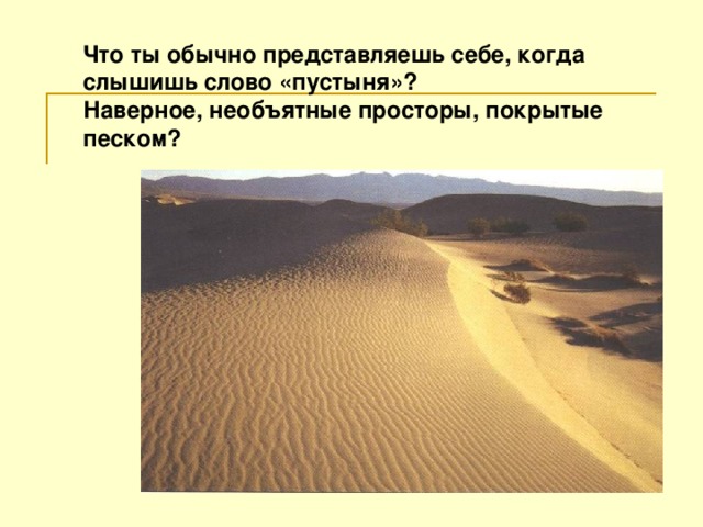 Что ты обычно представляешь себе, когда слышишь слово «пустыня»?  Наверное, необъятные просторы, покрытые песком? 