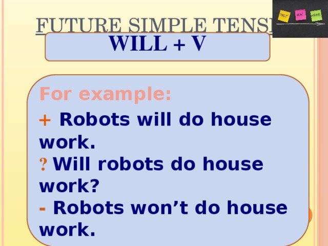 Future Simple Tense WILL + V  For example: +  Robots will do house work. ? Will robots do house work? - Robots won’t do house work.  
