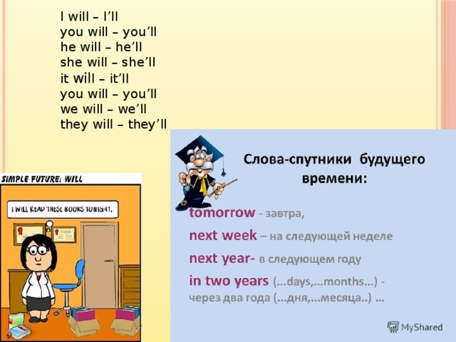 I will – I’ll  you will – you’ll  he will – he’ll  she will – she’ll  it wil l – it’ll  you will – you’ll  we will – we’ll  they will – they’ll   