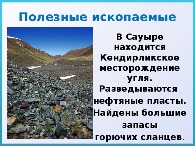 Полезные ископаемые В Сауыре находится Кендирликское месторождение угля. Разведываются нефтяные пласты. Найдены большие  запасы горючих сланцев . 