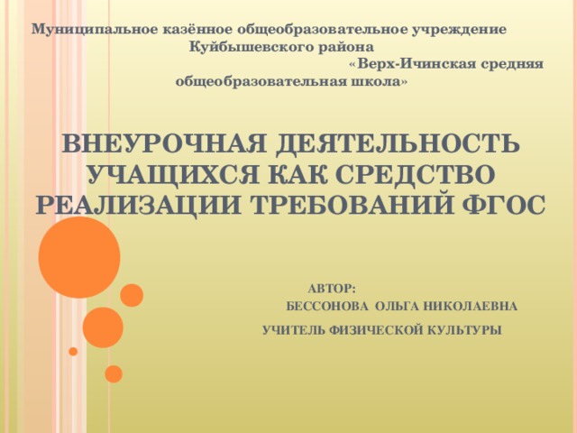 Муниципальное казённое общеобразовательное учреждение Куйбышевского района «Верх-Ичинская средняя общеобразовательная школа»   ВНЕУРОЧНАЯ ДЕЯТЕЛЬНОСТЬ УЧАЩИХСЯ КАК СРЕДСТВО РЕАЛИЗАЦИИ ТРЕБОВАНИЙ ФГОС      АВТОР:  БЕССОНОВА ОЛЬГА НИКОЛАЕВНА  УЧИТЕЛЬ ФИЗИЧЕСКОЙ КУЛЬТУРЫ     