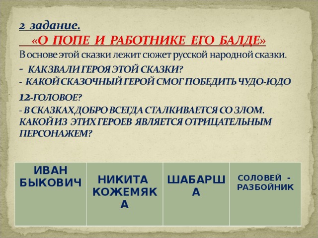 ИВАН БЫКОВИЧ  НИКИТА КОЖЕМЯКА    ШАБАРША  СОЛОВЕЙ - РАЗБОЙНИК