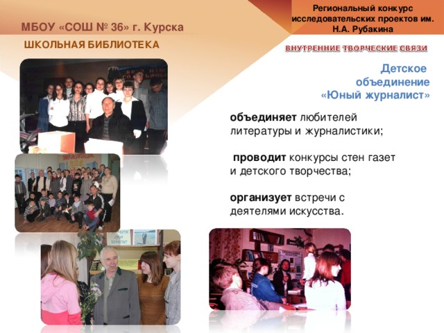 Региональный конкурс исследовательских проектов им. Н.А. Рубакина МБОУ «СОШ № 36» г. Курска ШКОЛЬНАЯ БИБЛИОТЕКА Детское объединение  «Юный журналист» объединяет любителей литературы и журналистики;  проводит конкурсы стен газет и детского творчества; организует встречи с деятелями искусства. 