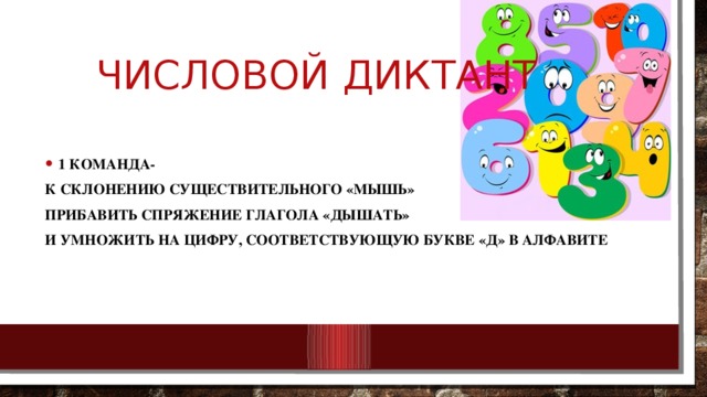  Числовой диктант 1 команда- К склонению существительного «мышь» прибавить спряжение глагола «дышать» и умножить на цифру, соответствующую букве «д» в алфавите 