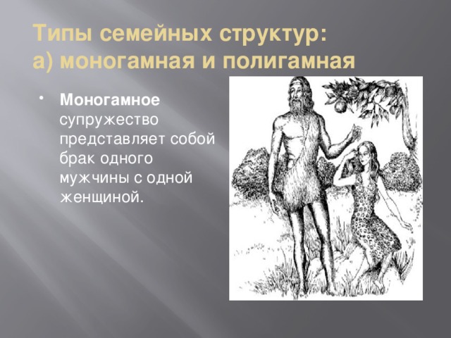 Типы семейных структур:  а) моногамная и полигамная Моногамное супружество представляет собой брак одного мужчины с одной женщиной. 