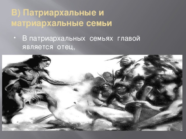 В) Патриархальные и матриархальные семьи В патриархальных семьях главой является отец, 