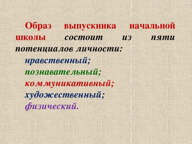 Образ выпускника начальной школы  состоит из пяти потенциалов личности: нравственный; познавательный; коммуникативный; художественный; физический. 