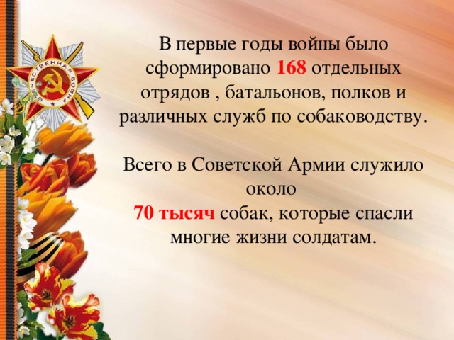 В первые годы войны было сформировано 168 отдельных отрядов , батальонов, полков и различных служб по собаководству. Всего в Советской Армии служило около 70 тысяч собак, которые спасли многие жизни солдатам.   