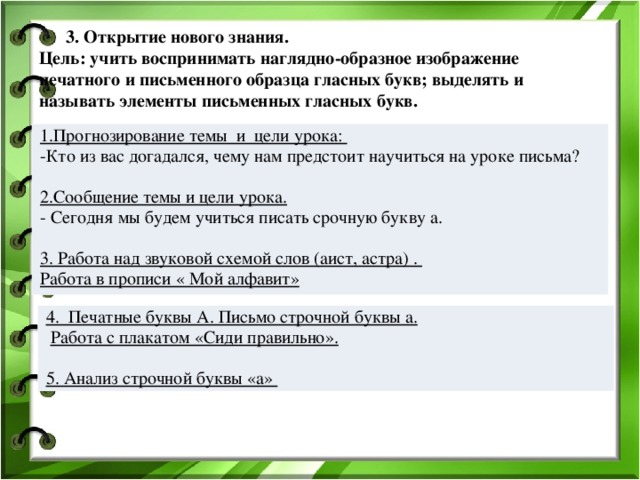    3. Открытие нового знания.  Цель: учить воспринимать наглядно-образное изображение печатного и письменного образца гласных букв; выделять и называть элементы письменных гласных букв.    1.Прогнозирование темы и цели урока: -Кто из вас догадался, чему нам предстоит научиться на уроке письма?   2.Сообщение темы и цели урока. - Сегодня мы будем учиться писать срочную букву а.   3. Работа над звуковой схемой слов (аист, астра) . Работа в прописи « Мой алфавит» 4. Печатные буквы А. Письмо строчной буквы а.  Работа с плакатом «Сиди правильно».   5. Анализ строчной буквы «а» 