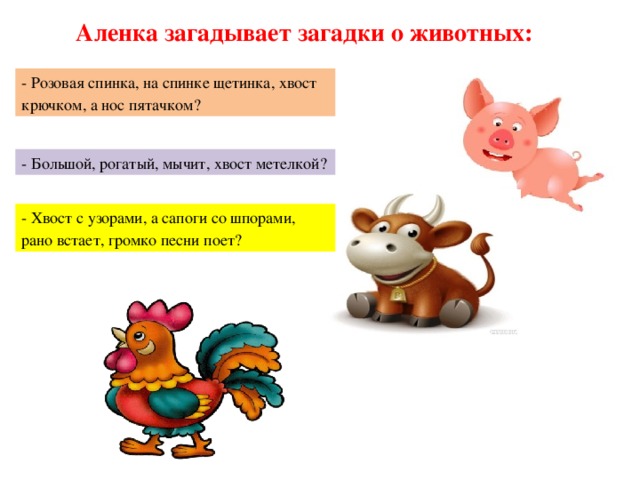 Аленка загадывает загадки о животных: - Розовая спинка, на спинке щетинка, хвост крючком, а нос пятачком? - Большой, рогатый, мычит, хвост метелкой? - Хвост с узорами, а сапоги со шпорами, рано встает, громко песни поет? 