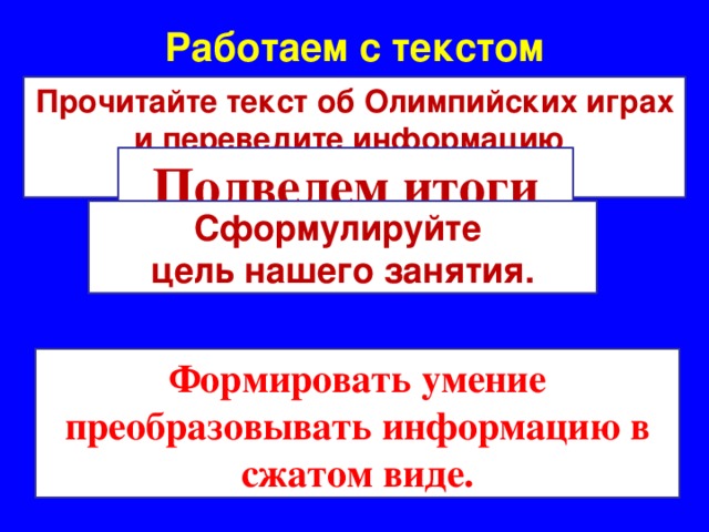 Работаем с текстом Прочитайте текст об Олимпийских играх и переведите информацию в сжатом виде. Подведем итоги Сформулируйте цель нашего занятия. Формировать умение преобразовывать информацию в сжатом виде.