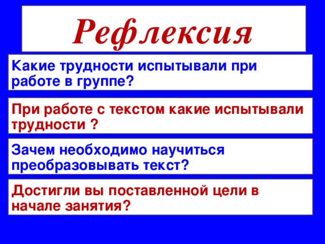Рефлексия Какие трудности испытывали при работе в группе? При работе с текстом какие испытывали трудности ? Зачем необходимо научиться преобразовывать текст? Достигли вы поставленной цели в начале занятия?
