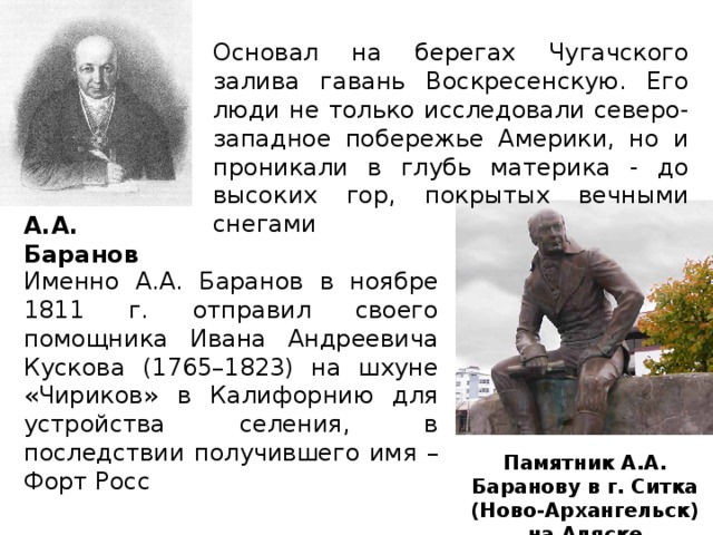Основал на берегах Чугачского залива гавань Воскресенскую. Его люди не только исследовали северо-западное побережье Америки, но и проникали в глубь материка - до высоких гор, покрытых вечными снегами А.А. Баранов Именно А.А. Баранов в ноябре 1811 г. отправил своего помощника Ивана Андреевича Кускова (1765–1823) на шхуне «Чириков» в Калифорнию для устройства селения, в последствии получившего имя – Форт Росс Памятник А.А. Баранову в г. Ситка (Ново-Архангельск) на Аляске 