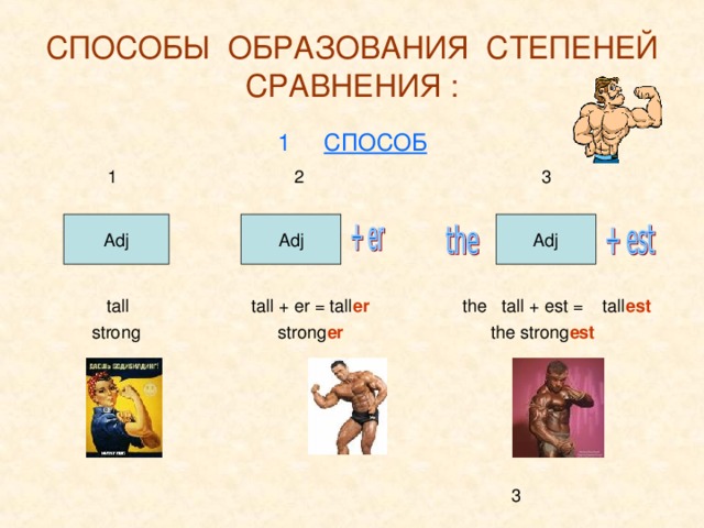 СПОСОБЫ ОБРАЗОВАНИЯ СТЕПЕНЕЙ  СРАВНЕНИЯ : СПОСОБ  1 2  3  tall tall + er = tall er the tall + est = tall est  strong strong er the strong est Adj Adj Adj 