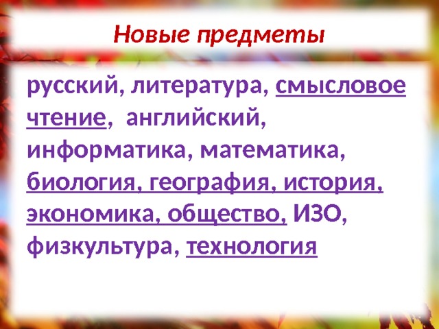 Новые предметы русский, литература, смысловое чтение , английский, информатика, математика, биология, география, история, экономика, общество, ИЗО, физкультура, технология 