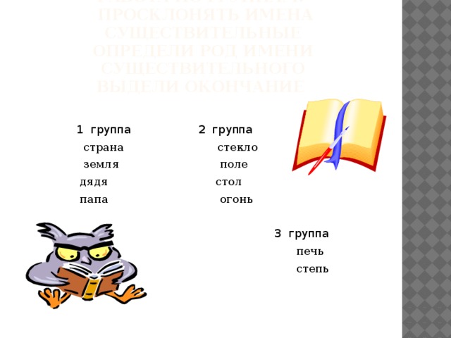 Учёные – лингвисты:  Работа по группам:  просклонять имена существительные  определи род имени существительного  выдели окончание  1 группа 2 группа  страна стекло  земля поле  дядя стол  папа огонь  3 группа  печь  степь  