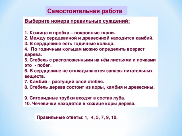 Самостоятельная работа Выберите номера правильных суждений:  1. Кожица и пробка – покровные ткани.  2. Между сердцевиной и древесиной находится камбий.  3. В сердцевине есть годичные кольца.  4. По годичным кольцам можно определить возраст дерева.  5. Стебель с расположенными на нём листьями и почками это - побег.  6. В сердцевине не откладываются запасы питательных веществ. 7. Камбий – растущий слой стебля. 8. Стебель дерева состоит из коры, камбия и древесины.  9. Ситовидные трубки входят в состав луба. 10. Чечевички находятся в кожице коры дерева. Правильные ответы: 1, 4, 5, 7, 9, 10. 